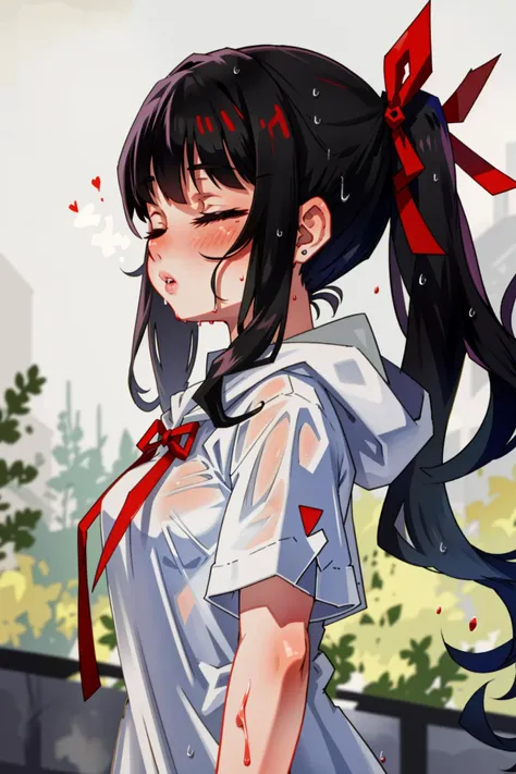 1girl, outdoors, black hair, closed eyes, ribbon, hood, shirt, short sleeves, blurry, hair ribbon, bangs, upper body, parted lips, blurry background, white shirt, from side, ponytail, blush, wet, breasts, solo, red ribbon, hood down, long hair, twintails, sidelocks, bow, see-through, wet clothes, day, hoodie, depth of field, lips, <lora:Stlye - cutemix1 - Multiple cute style loras:1>