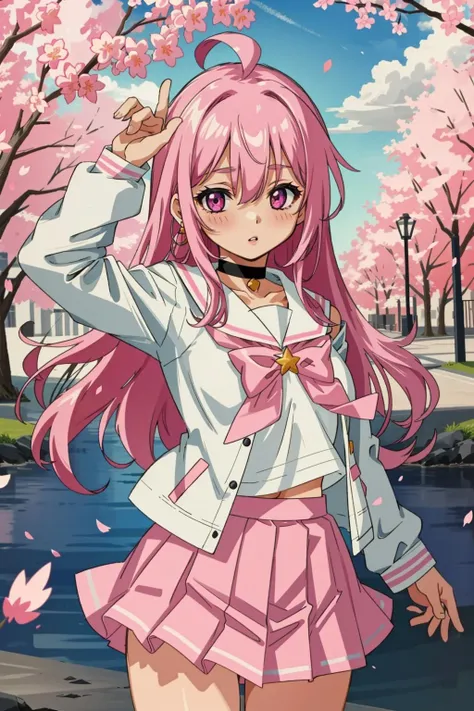 1girl, solo, pink hair, long hair, outdoors, looking at viewer, skirt, bangs, jacket, blush, long sleeves, ahoge, pink eyes, shirt, sailor collar, hair ornament, hair between eyes, pleated skirt, open clothes, day, pink skirt, open jacket, cherry blossoms, jewelry, white sailor collar, off shoulder, earrings, sky, building, parted lips, white jacket, school uniform, petals, choker, cowboy shot, breasts, arm up, cloud, hair intakes, <lora:Stlye - cutemix5 - Multiple cute style loras:1>