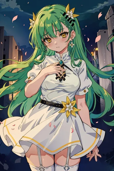1girl, solo, white dress, long hair, dress, green hair, petals, hand on own chest, yellow eyes, looking at viewer, short sleeves, jewelry, earrings, belt, medium breasts, breasts, hair ornament, thighhighs, bangs, closed mouth, cowboy shot, outdoors, white thighhighs, falling petals, hand up, night, <lora:Stlye - cutemix5 - Multiple cute style loras:1>