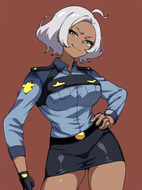 <lora:Iwao-PonyXL-1024px:0.8>, score_5_up,
1girl, solo, standing, wearing (police uniform, black skirt), dark-skinned female, short white hair, green eyes, ahoge, breasts, (smirk:0.75)