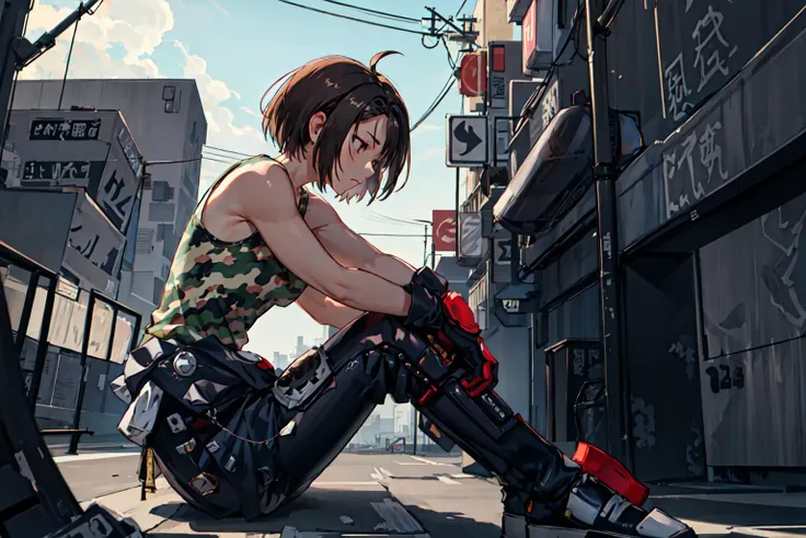 <lora:AkiraMS>, 1girl, akirams, tank top, camouflage, gloves, clothes around waist, pants, helmet, knee pads, bare shoulders, spikes, biker clothes, sitting down, on the ground, from side,, from below, city street, sad, looking down, backlit, silkouette, vehicles, solo