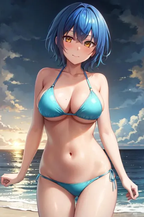 masterpiece, best quality, 1girl, looking at viewer, cute, bikini, seascape:1.4, sunlight, large breasts, yellow eyes, <lora:Xenovia:1>, xenovia quarta, blue hair, beautiful detailed eyes, beautiful detailed glow, lots of glow, embarrassed, (cowboy shot:1.4)