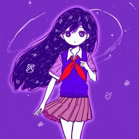 mariomori, 1girl, solo, headspacemari, school uniform, red neckerchief, purple sweater vest, pink pleated skirt