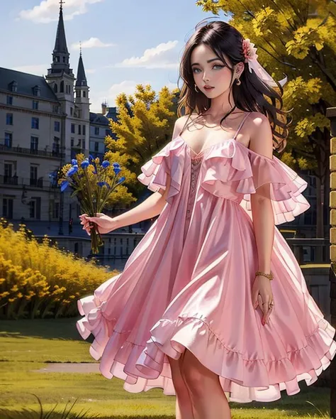 (1girl standing on the hill, holding flower), (flower hill" 1.3),dress,jewelry,masterpiece,ultra-realistic,32k,extremely detailed CG unity 8k wallpaper,best quality, black hair, on the hill, , party dress, tiered dress,pink dress, solo, beautiful eyes,
<lora:Party_Dress Tiered_Dress-000008:0.6>