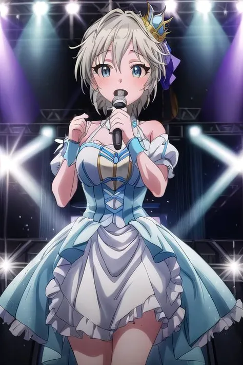woman,Silver Hair,short hair、blue eyes,Cute Skirt,Off the shoulder,white,art, anime,shape、((全身を撮Shadow))、Sexy pose、Big Natural 、Sparkling eyes、(Luminance:1.3)、((anime))、live, (Shadow:0.6)、dance clothes、microphone、Fashionable hats