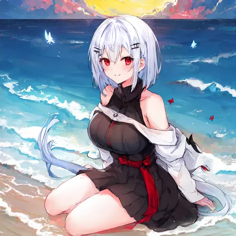 <lora:hakase-000004:0.8>, masterpiece, professional artwork, famous artwork, cinematic lighting, cinematic bloom, perfect face, beautiful face, beautiful eyes, ((perfect female body, narrow waist)), 1girl, bangs, bare_arms, bare_shoulders, black_dress, blush, breasts, cleavage, collarbone, dress, eyebrows_visible_through_hair, hair_between_eyes, hair_ornament, hairclip, huge_breasts, short_hair, looking_at_viewer, off_shoulder, red_eyes, silver_hair, sitting, sleeveless, sleeveless_dress, smile, solo, strap_slip, thighs, standing on ocean, sea waves, water splashes, sky, detailed moon, light particles, butterflies, night, starry sky, highly detailed, professional, vivid Colors