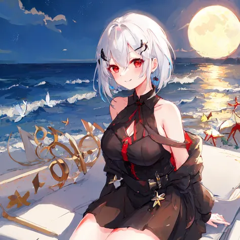 <lora:hakase-000004:0.6>, masterpiece, professional artwork, famous artwork, cinematic lighting, cinematic bloom, perfect face, beautiful face, beautiful eyes, ((perfect female body, narrow waist)), 1girl, bangs, bare_arms, bare_shoulders, black_dress, blush, breasts, cleavage, collarbone, dress, eyebrows_visible_through_hair, hair_between_eyes, hair_ornament, hairclip, huge_breasts, short_hair, looking_at_viewer, off_shoulder, red_eyes, silver_hair, sitting, sleeveless, sleeveless_dress, smile, solo, strap_slip, thighs, standing on ocean, sea waves, water splashes, sky, detailed moon, light particles, butterflies, night, starry sky, highly detailed, professional, vivid Colors