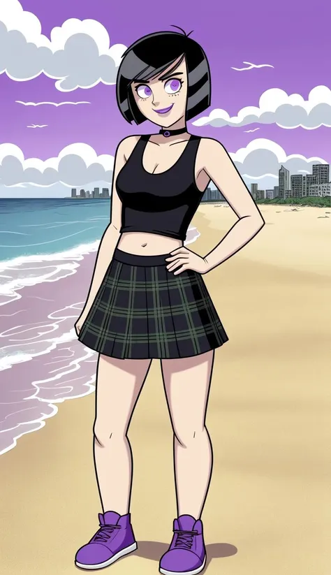 1girl, Black bob haircut with gray streak,  wide purple eyes, smiling expression, black choker, black tank top, green plaid skirt,  <lora:Samantha_Manson:0.9>, (cartoon:1.3), purple lips, ocean background, sand, sun, purple eyes, standing,  detailed eyes, rounded eyes, short hair, missing pupils, clouds, (human:1.2), Samantha Manson, upper body, photo, city