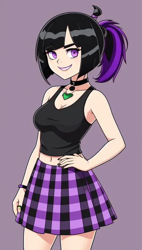 1girl, Black bob haircut with gray streak, wide purple eyes, smiling expression, black choker, black tank top, green plaid skirt, arms behind back, <lora:Samantha_Manson:0.9>, (cartoon:1.3), purple lips, (pony tail:1.2), ocean background, sand, sun, purple eyes, standing, detailed eyes, rounded eyes, short hair, missing pupils, clouds