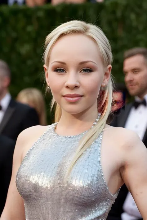 8K high resolution realistic photo. A pretty 22 year old woman with light blonde hair and slightly blue eyes. Cup size 75C. The upper body can be seen down to the chest. A slight smile and her long neck underline her narrow face. Die Lippen Hellrosa. No makeup accentuates her natural paleness and near-perfect skin. Die Regenbogenhaut der Augen ist leicht Hellblau Blau mit vielen Blau Abstufungen. Die Form der Iris ist von Natur aus rund. The students are medium sized. She has slight dimples, die ihr ein unschuldiges Aussehen verleihen. She has voluminous peroxide blonde, almost white hair. Die Augenbrauen sind von Natur aus schmal und leicht gezupft. She wears a white knee-length dress with a head covering. She walks on a long red carpet. Im Hintergrund sieht man eine Kino. Es&#39;s Film Permiere und das Instagram-Model laufen dort. Sie hat abgenommen das sieht man.