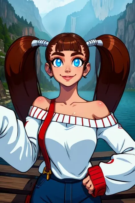 shorty, blue eyes, high twin tails, bangs, brown hair,
blue pants, , sleeves past wrists , off shoulder, white sweater, suspenders
standing, upper body, smile,
giant lake, fantasy, wooden platform,
(insanely detailed, beautiful detailed face, masterpiece, beautiful detailed eyes, best quality)
<lora:shorty-10:0.8>