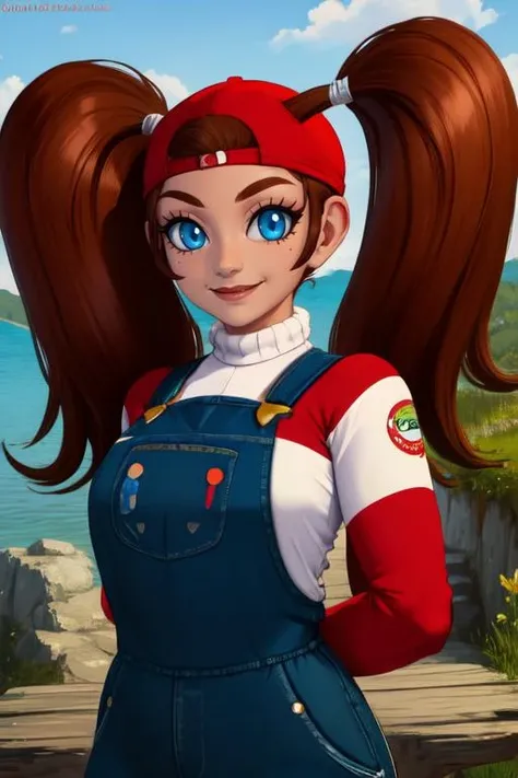 shorty, blue eyes, low twin tails,
denim overalls, red striped sweater, sleeves past wrists , red backwards hat,
standing, upper body, smile,
giant lake, fantasy, wooden platform,
(insanely detailed, beautiful detailed face, masterpiece, beautiful detailed eyes, best quality)
<lora:shorty-10:0.8>