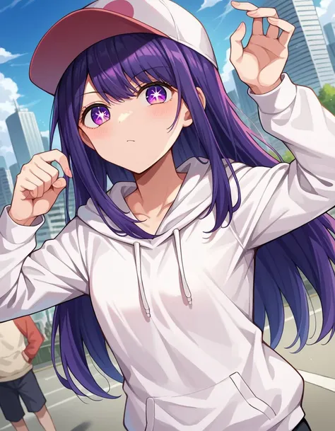 score_9, score_8_up, score_7_up, source_anime,
aihoshino, <lora:ai-hoshino-ponyxl-lora-nochekaiser:1>,
ai hoshino, long hair, bangs, purple eyes, purple hair, symbol-shaped pupils,
hood, hoodie, hood down, long sleeves, white hoodie, hat, baseball cap,
outdoors, cityscape, people, crowd,
looking at viewer, cowboy shot, dutch angle, dynamic pose,