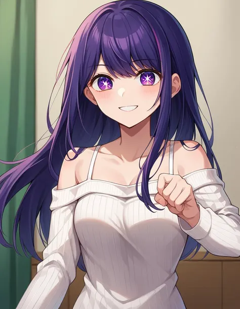 score_9, score_8_up, score_7_up, source_anime,
aihoshino, <lora:ai-hoshino-ponyxl-lora-nochekaiser:1>,
ai hoshino, long hair, bangs, purple eyes, purple hair, symbol-shaped pupils, smile,
long sleeves, sweater, ribbed sweater, camisole, white camisole,
indoors,
looking at viewer, cowboy shot, dutch angle, dynamic pose,