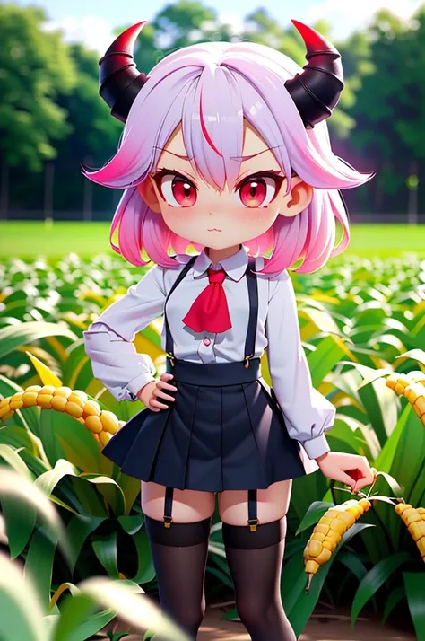 (best quality, masterpiece, hires), <lora:Arco_-_Marco_and_the_Galaxy_Dragon:0.8>, arco, lilac hair, horns, red eyes, dip dye, suspender skirt, ascot, thighhighs, garter straps, ((toon)), corn maze