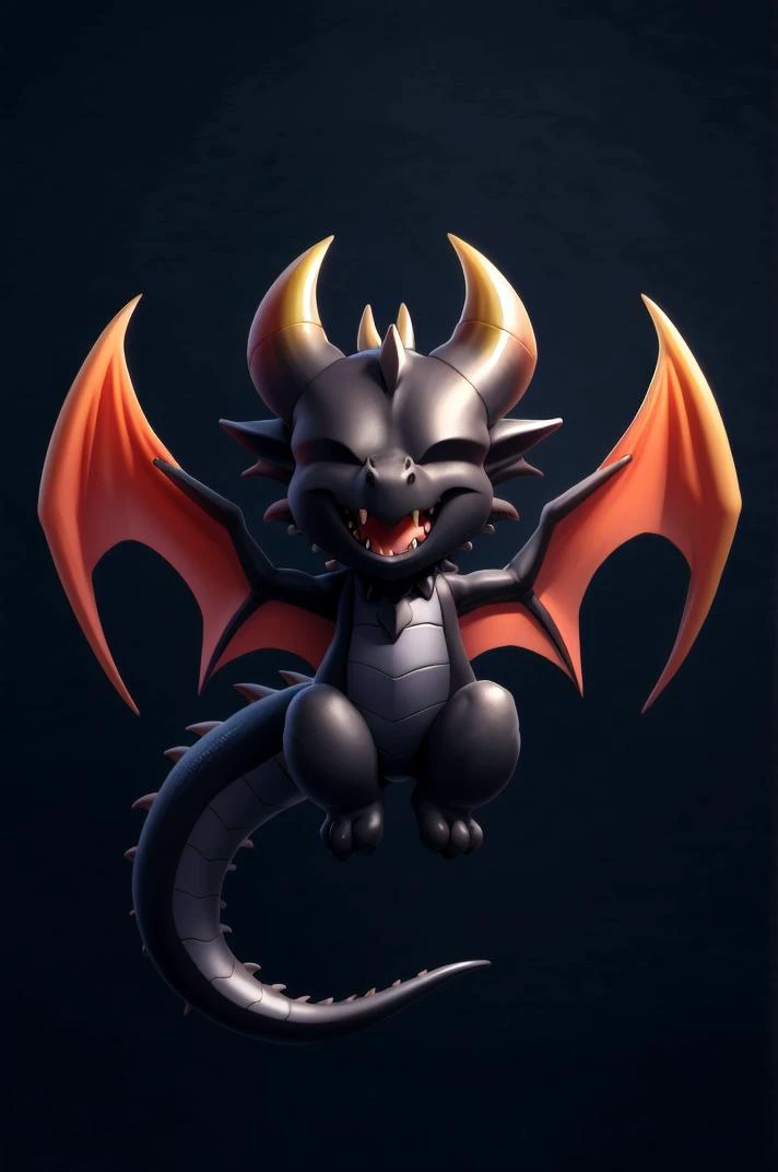 (best quality, masterpiece, hires), <lora:Arco_-_Marco_and_the_Galaxy_Dragon:0.8>, ((chibi)), (Ally, eyeless), horns, dragon, tail, wings, fangs, black body, scalie, black scales, flying, feminine