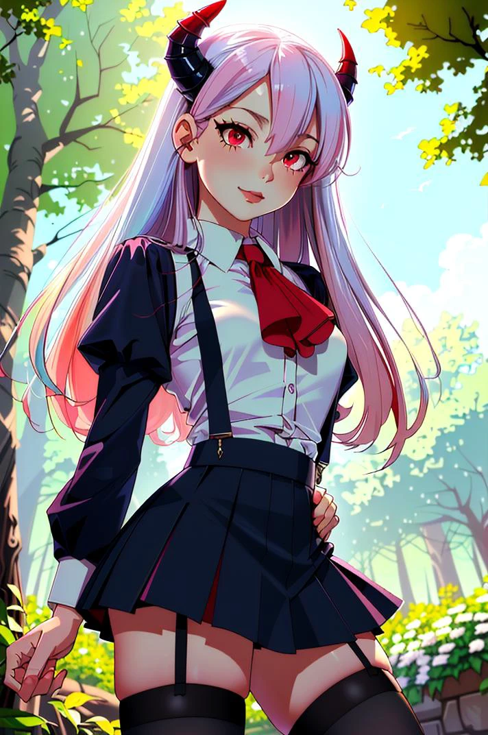 (best quality, masterpiece, hires), <lora:Arco_-_Marco_and_the_Galaxy_Dragon:0.8>, arco, lilac hair, horns, red eyes, dip dye, suspender skirt, ascot, thighhighs, garter straps, ((toon)), forest