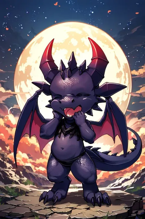 (best quality, masterpiece, hires), <lora:Arco_-_Marco_and_the_Galaxy_Dragon:0.8>, (chibi, Ally, eyeless), horns, dragon, tail, wings, fangs, black body, scalie, black scales