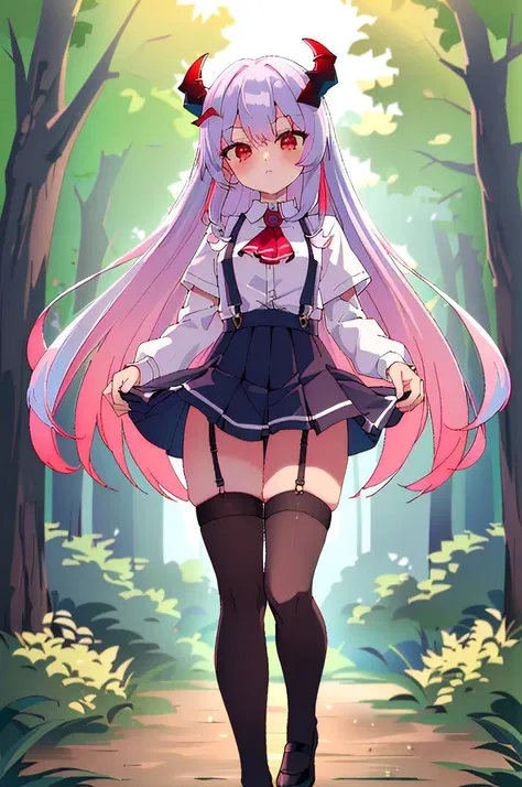 (best quality, masterpiece, hires), <lora:Arco_-_Marco_and_the_Galaxy_Dragon:0.8>, arco, lilac hair, horns, red eyes, dip dye, suspender skirt, ascot, thighhighs, garter straps, ((toon)), forest