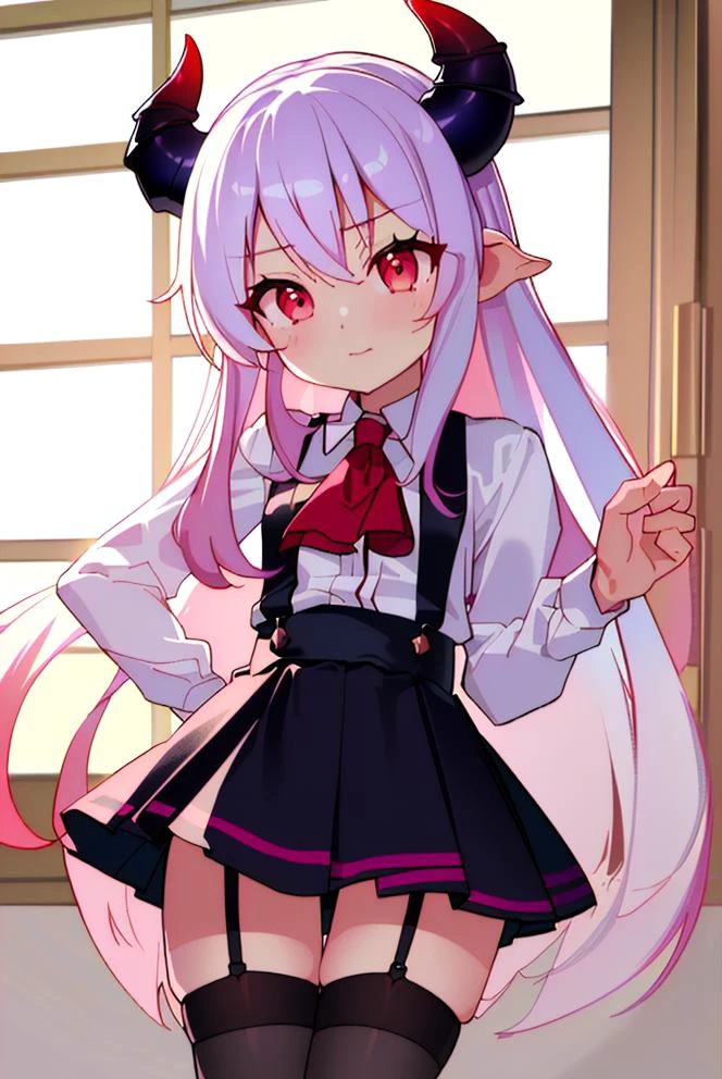 (best quality, masterpiece, hires), <lora:Arco_-_Marco_and_the_Galaxy_Dragon:0.8>, arco, lilac hair, horns, red eyes, dip dye, suspender skirt, ascot, thighhighs, garter straps, ((toon))