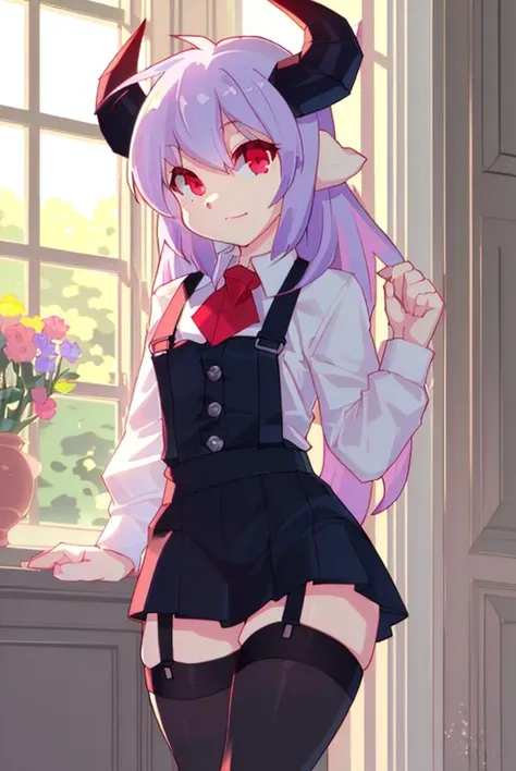 (best quality, masterpiece, hires), <lora:Arco_-_Marco_and_the_Galaxy_Dragon:0.8>, arco, lilac hair, horns, red eyes, dip dye, suspender skirt, ascot, thighhighs, garter straps, ((toon))