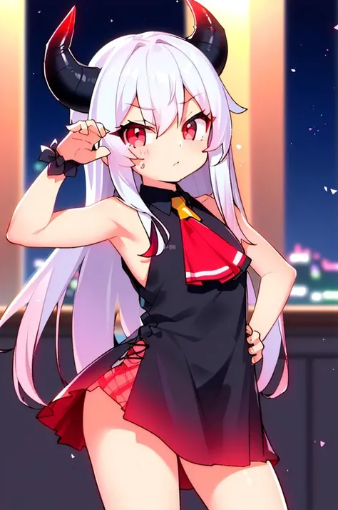 (best quality, masterpiece, hires), <lora:Arco_-_Marco_and_the_Galaxy_Dragon:0.8>, arco, lilac hair, horns, red eyes, dip dye, ascot, ((toon)), cocktail dress, flexing pose,