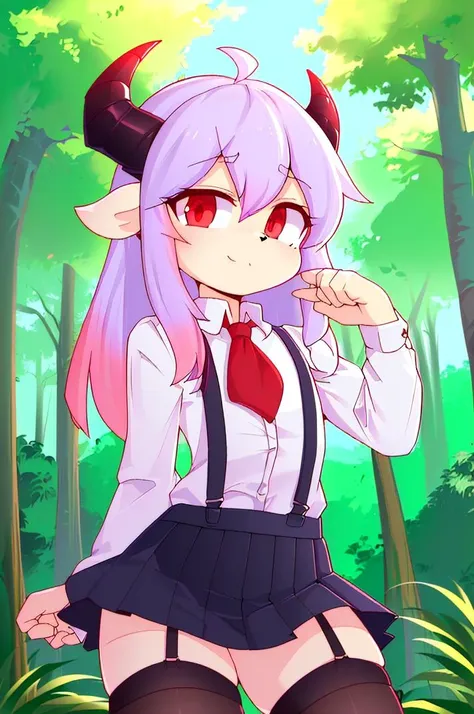 (best quality, masterpiece, hires), <lora:Arco_-_Marco_and_the_Galaxy_Dragon:0.8>, arco, lilac hair, horns, red eyes, dip dye, suspender skirt, ascot, thighhighs, garter straps, ((toon)), forest