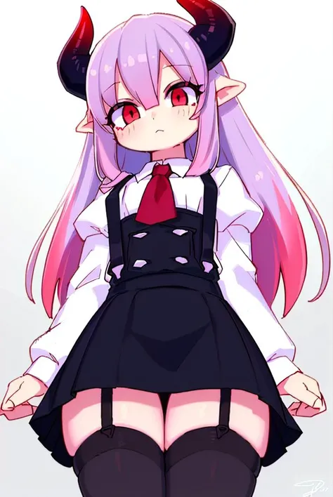 (best quality, masterpiece, hires), <lora:Arco_-_Marco_and_the_Galaxy_Dragon:0.8>, arco, lilac hair, horns, red eyes, dip dye, suspender skirt, ascot, thighhighs, garter straps, ((toon))