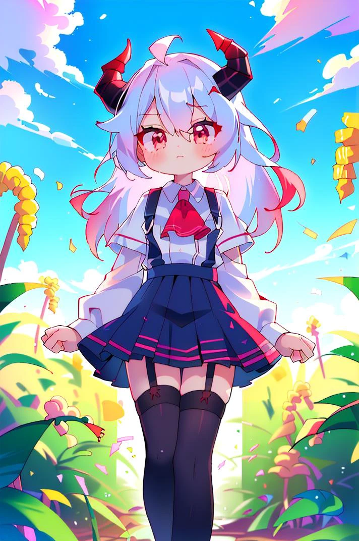 (best quality, masterpiece, hires), <lora:Arco_-_Marco_and_the_Galaxy_Dragon:0.8>, arco, lilac hair, horns, red eyes, dip dye, suspender skirt, ascot, thighhighs, garter straps, ((toon)), corn maze