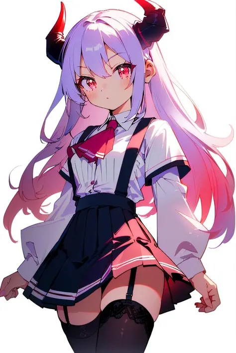 (best quality, masterpiece, hires), <lora:Arco_-_Marco_and_the_Galaxy_Dragon:0.8>, arco, lilac hair, horns, red eyes, dip dye, suspender skirt, ascot, thighhighs, garter straps, ((toon))