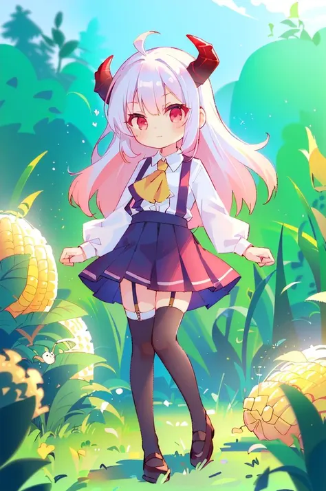 (best quality, masterpiece, hires), <lora:Arco_-_Marco_and_the_Galaxy_Dragon:0.8>, arco, lilac hair, horns, red eyes, dip dye, suspender skirt, ascot, thighhighs, garter straps, ((toon)), corn maze