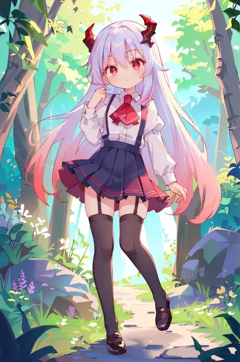 (best quality, masterpiece, hires), <lora:Arco_-_Marco_and_the_Galaxy_Dragon:0.8>, arco, lilac hair, horns, red eyes, dip dye, suspender skirt, ascot, thighhighs, garter straps, ((toon)), forest