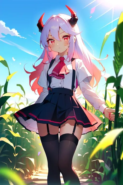 (best quality, masterpiece, hires), <lora:Arco_-_Marco_and_the_Galaxy_Dragon:0.8>, arco, lilac hair, horns, red eyes, dip dye, suspender skirt, ascot, thighhighs, garter straps, ((toon)), corn maze