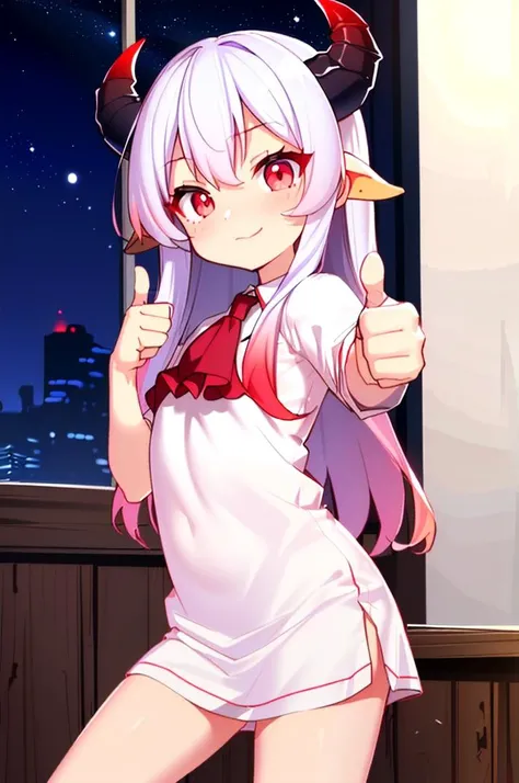 (best quality, masterpiece, hires), <lora:Arco_-_Marco_and_the_Galaxy_Dragon:0.8>, arco, lilac hair, horns, red eyes, dip dye, ascot, ((toon)), nightwear, thumbs up,