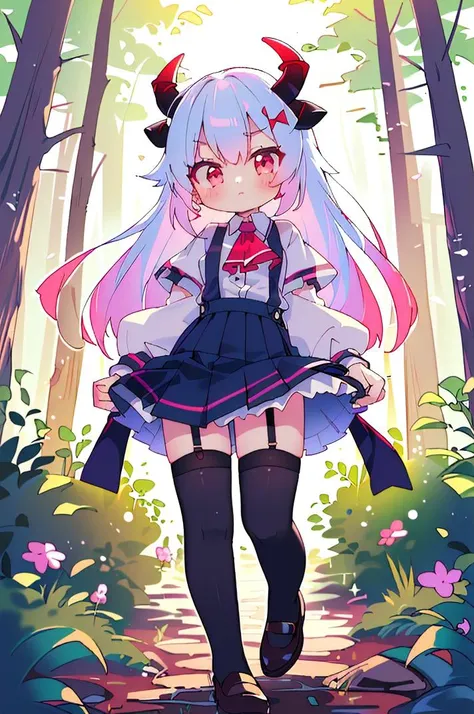 (best quality, masterpiece, hires), <lora:Arco_-_Marco_and_the_Galaxy_Dragon:0.8>, arco, lilac hair, horns, red eyes, dip dye, suspender skirt, ascot, thighhighs, garter straps, ((toon)), forest