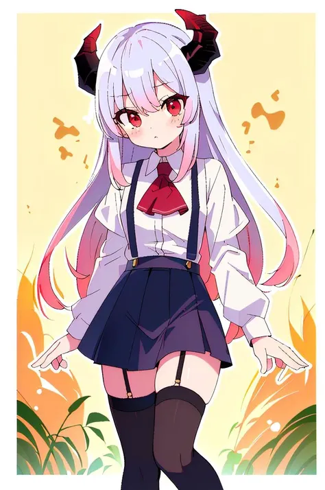 (best quality, masterpiece, hires), <lora:Arco_-_Marco_and_the_Galaxy_Dragon:0.8>, arco, lilac hair, horns, red eyes, dip dye, suspender skirt, ascot, thighhighs, garter straps, ((toon)), corn maze
