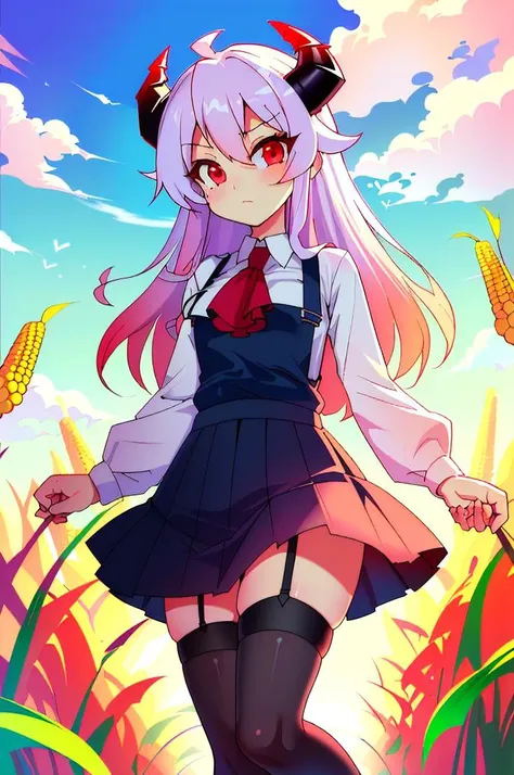 (best quality, masterpiece, hires), <lora:Arco_-_Marco_and_the_Galaxy_Dragon:0.8>, arco, lilac hair, horns, red eyes, dip dye, suspender skirt, ascot, thighhighs, garter straps, ((toon)), corn maze