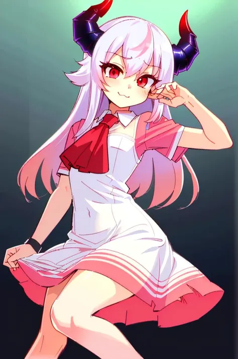 (best quality, masterpiece, hires), <lora:Arco_-_Marco_and_the_Galaxy_Dragon:0.8>, arco, lilac hair, horns, red eyes, dip dye, ascot, ((toon)), cocktail dress, simple pose