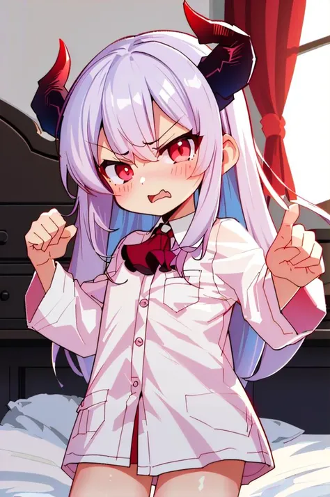 (best quality, masterpiece, hires), <lora:Arco_-_Marco_and_the_Galaxy_Dragon:0.8>, arco, lilac hair, horns, red eyes, dip dye, ascot, ((toon)), sleepwear, angry pose,
