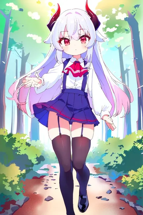 (best quality, masterpiece, hires), <lora:Arco_-_Marco_and_the_Galaxy_Dragon:0.8>, arco, lilac hair, horns, red eyes, dip dye, suspender skirt, ascot, thighhighs, garter straps, ((toon)), forest