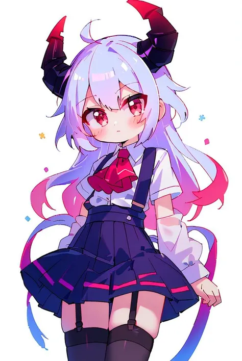 (best quality, masterpiece, hires), <lora:Arco_-_Marco_and_the_Galaxy_Dragon:0.8>, arco, lilac hair, horns, red eyes, dip dye, suspender skirt, ascot, thighhighs, garter straps, ((toon))