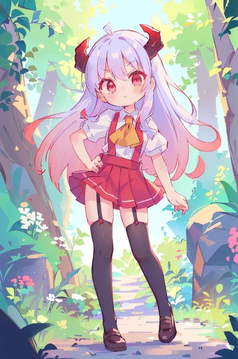 (best quality, masterpiece, hires), <lora:Arco_-_Marco_and_the_Galaxy_Dragon:0.8>, arco, lilac hair, horns, red eyes, dip dye, suspender skirt, ascot, thighhighs, garter straps, ((toon)), forest