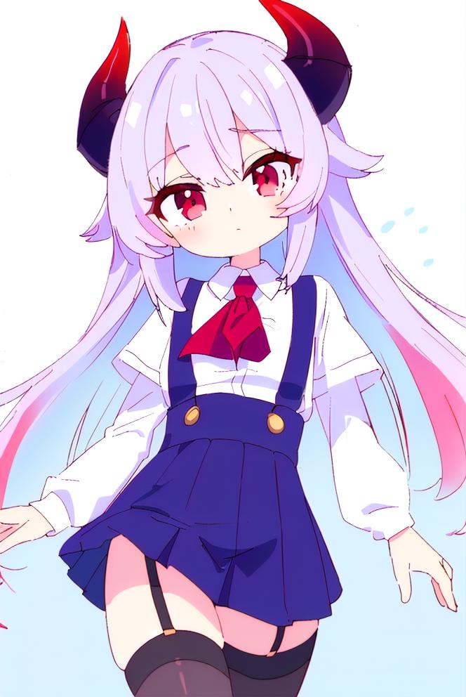 Anime girl with long hair and horns in a blue dress - SeaArt AI