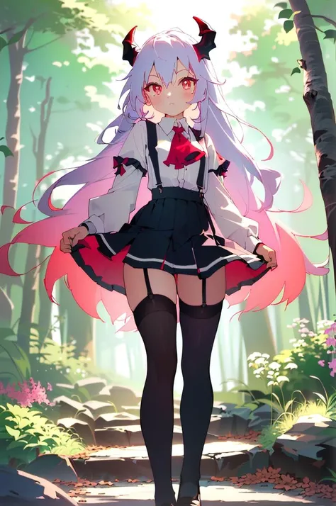 (best quality, masterpiece, hires), <lora:Arco_-_Marco_and_the_Galaxy_Dragon:0.8>, arco, lilac hair, horns, red eyes, dip dye, suspender skirt, ascot, thighhighs, garter straps, ((toon)), forest