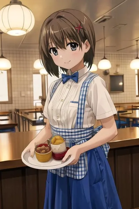masterpiece, best quality,ultra detail, <lora:anmnr01:0.3> <lora:add_detail:0.5>,<lora:GoodHands-vanilla:0.8>
1girl,petite, yagami-hayate, smile, standing, cinematic angle,carrying drinks on tray
KRU, blue bow, blue bowtie, white shirt, short sleeves, blue skirt, blue apron, gingham apron, employee uniform, high-waist skirt, waitress, open kitchen, scenery, chair, table, ceiling light, indoors, lamp, restaurant, light,
<lora:kobeya_U_SD15_V5:0.6> <lora:nanoha-movie-2nd-yagami-hayate:0.7>