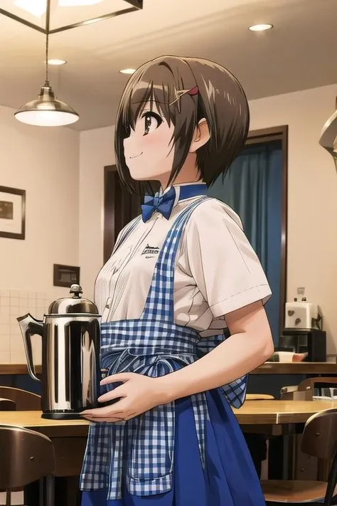 masterpiece, best quality,ultra detail, <lora:anmnr01:0.3> <lora:add_detail:0.5>,<lora:GoodHands-vanilla:0.8>
1girl,petite, yagami-hayate, smile, standing, cinematic angle,side view,12yo,small breasts,carrying coffee pot
KRU, blue bow, blue bowtie, white shirt, short sleeves, blue skirt, blue apron,  gingham apron, employee uniform, high-waist skirt, waitress, open kitchen, scenery, chair, table, ceiling light, indoors, lamp, restaurant, light,
 <lora:kobeya_U_SD15_V5:0.6> <lora:nanoha-movie-2nd-yagami-hayate:0.7>