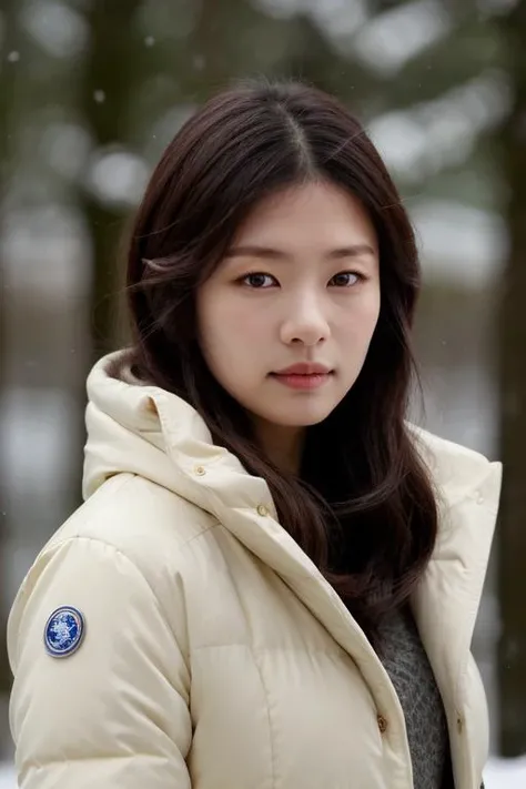1girl,(RAW photo, best quality), (realistic, photo-realistic:1.4), masterpiece, an extremely delicate and beautiful, extremely detailed, 2k wallpaper, Amazing, finely detail, extremely detailed CG unity 8k wallpaper, ultra-detailed, highres, soft light, beautiful detailed girl, extremely detailed eyes and face, beautiful detailed nose, beautiful detailed eyes,cinematic lighting,perfect anatomy,slender body,wearing a padded winter jacket ,(bokeh:1.2), snow, winter, snowflakes, looking at viewer, basic makeup