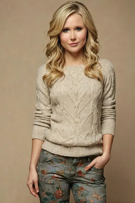 Photo of kristen bell wearing pants and a sweater, pinup512, extremely detailed clothing