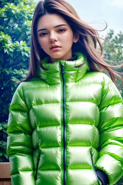 closeup portrait photo of kndll <lora:KendallJennerDogu:1> wearing a oversized puffer jacket, detailed skin, 8k uhd, dslr, soft lighting, high quality, film grain, long hair, 4K, HDR, outdoors, sunny, portrait photo, (facing camera:1.2)