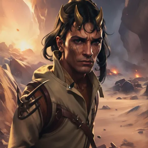 photo of a Zabrak man, <lora:Zabrak_LORA:1>, 2_tone_skin, brown and tan skin, with (black hair), and bone horns, punk, a character portrait, smuggler, scifi, pilot jacket, space opera scene
